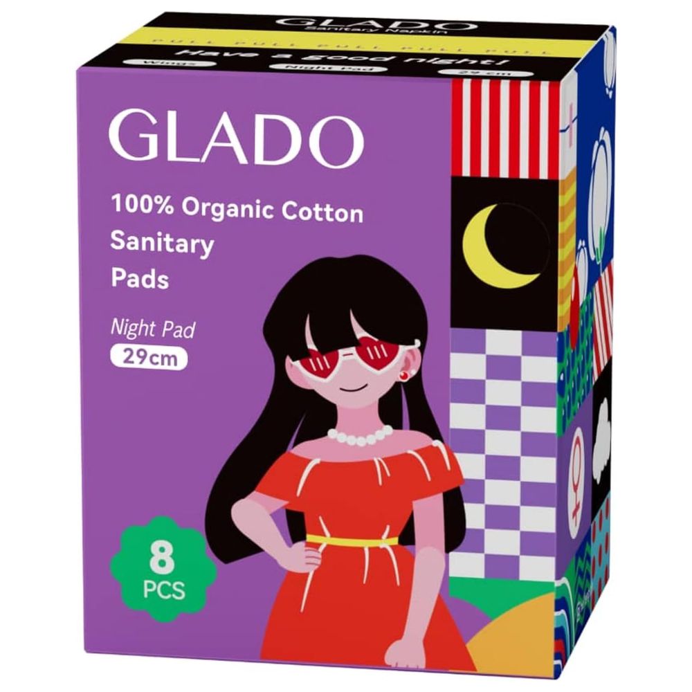 Glado - 100% Organic Cotton Sanitary Napkins - 29 cm - 8 Pcs