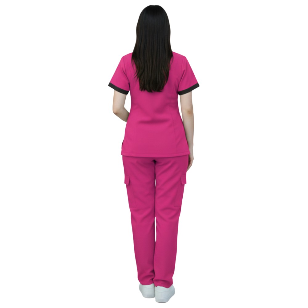 Veronica - 2pc-Set - Women's Poly Viscose Scrub Uniform With Contrast Patch - Fuchsia