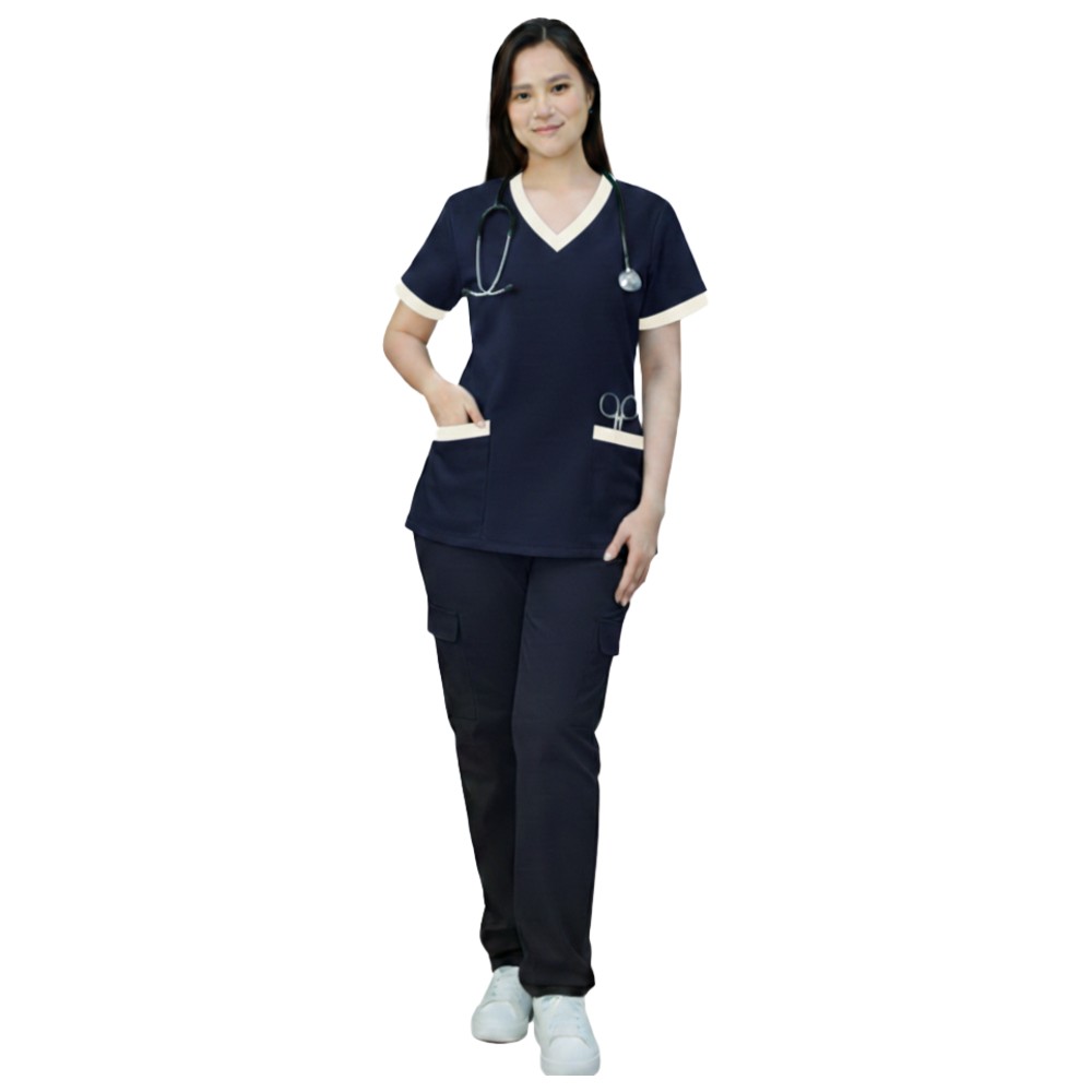 Veronica - 2pc-Set - Women's Poly Viscose Scrub Uniform With Contrast Patch - Navy Blue