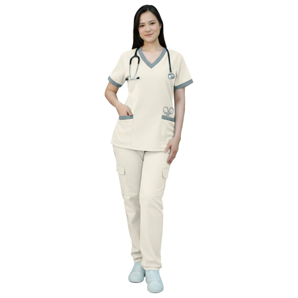 Veronica - 2pc-Set - Women's Poly Viscose Scrub Uniform With Contrast Patch - Off White