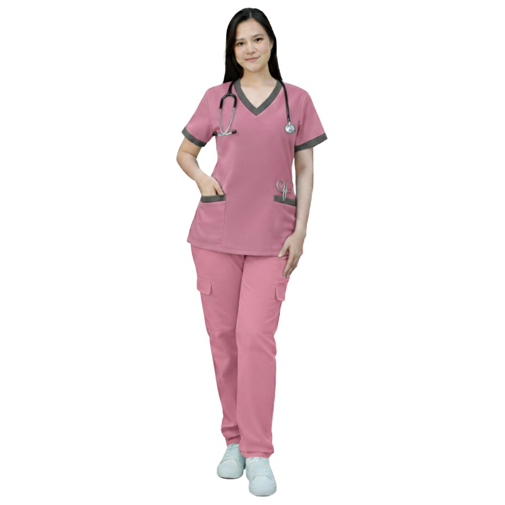 Veronica - 2pc-Set - Women's Poly Viscose Scrub Uniform With Contrast Patch - Pink
