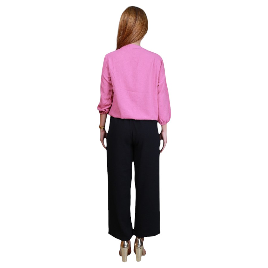 Veronica - Women's Gathered Shoulder Tie-Neck Blouse - Pink