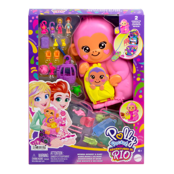 Polly Pocket - Large Wearable Compact Doll Playset - Momma Monkey & Baby - 14 Pcs
