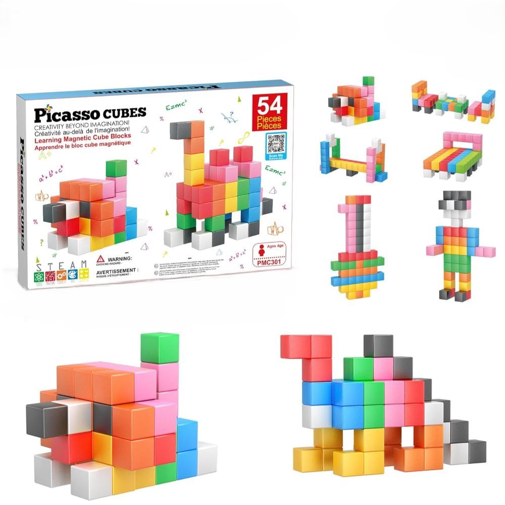 Picasso Tiles Learning Magnetic Cubes Blocks - Multicolor - 54 Pcs