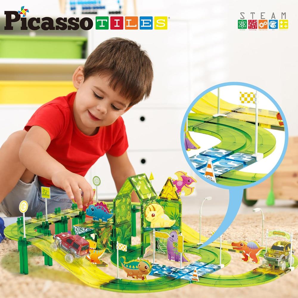 Picasso Tiles Dinosaur Race Track Magnetic Building Block Set - Multicolor - 89 Pcs