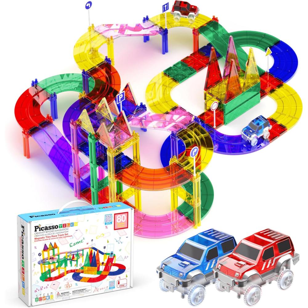 Picasso Tiles Magnetic Tiles Race Track Set - Multicolor - 80 Pcs