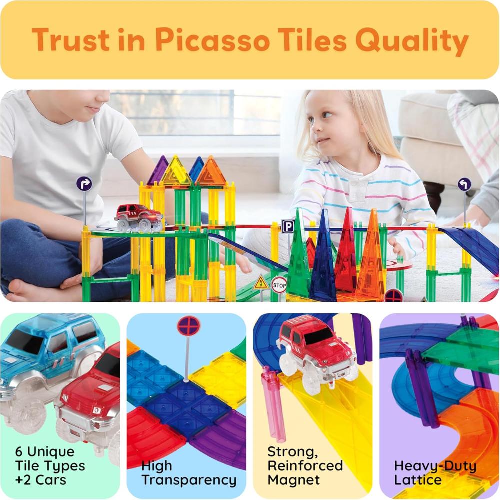Picasso Tiles Magnetic Tiles Race Track Set - Multicolor - 80 Pcs