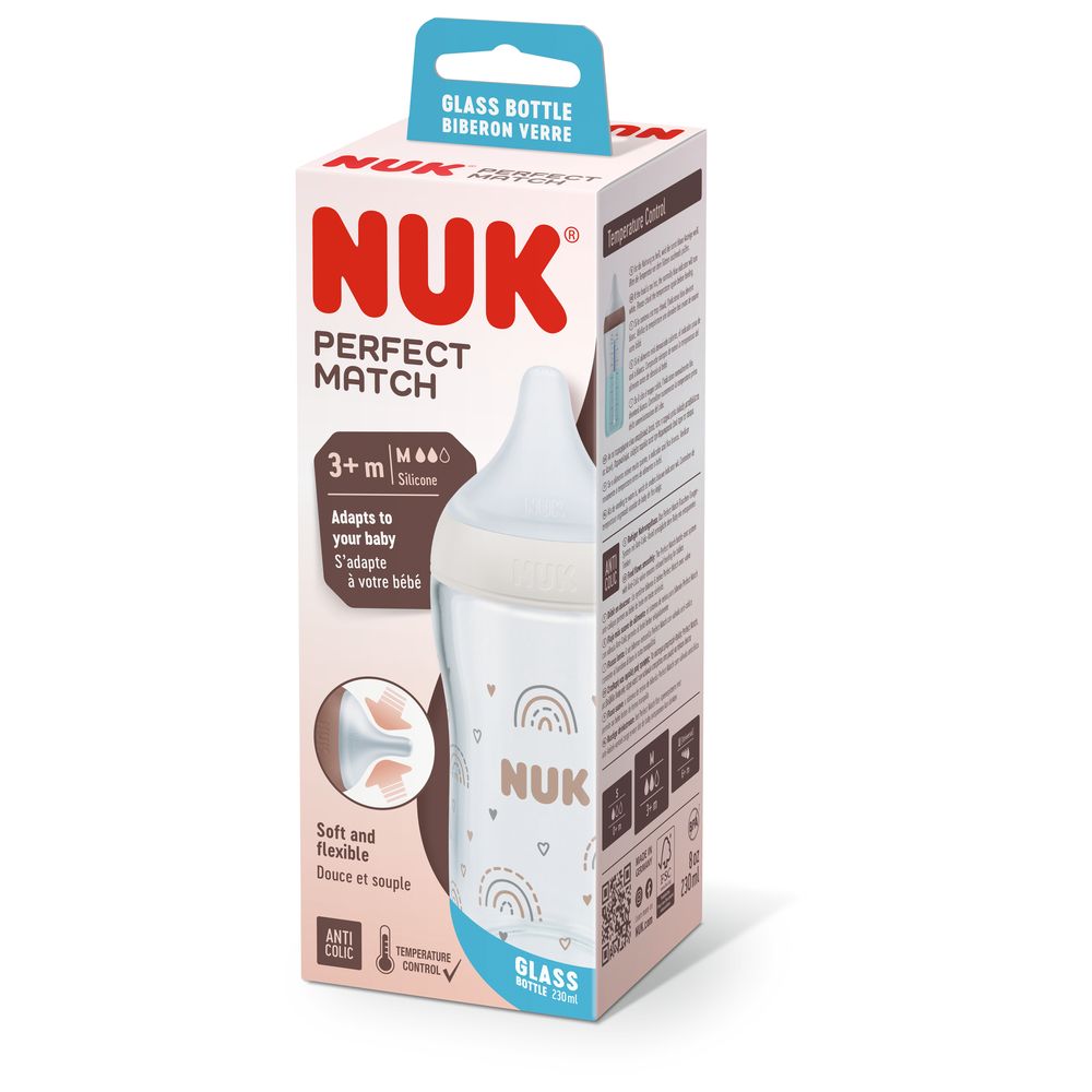 Nuk - Perfect Match Glass Baby Feeding Bottle With Soft Silicon Teat - Rainbow - 230 ml