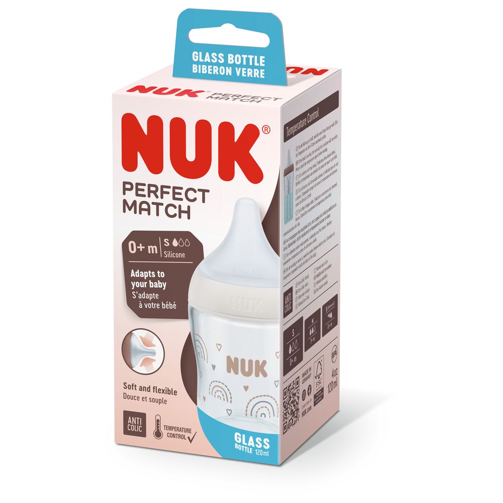 Nuk - Perfect Match Glass Baby Feeding Bottle With Soft Silicon Teat - Rainbow - 120 ml