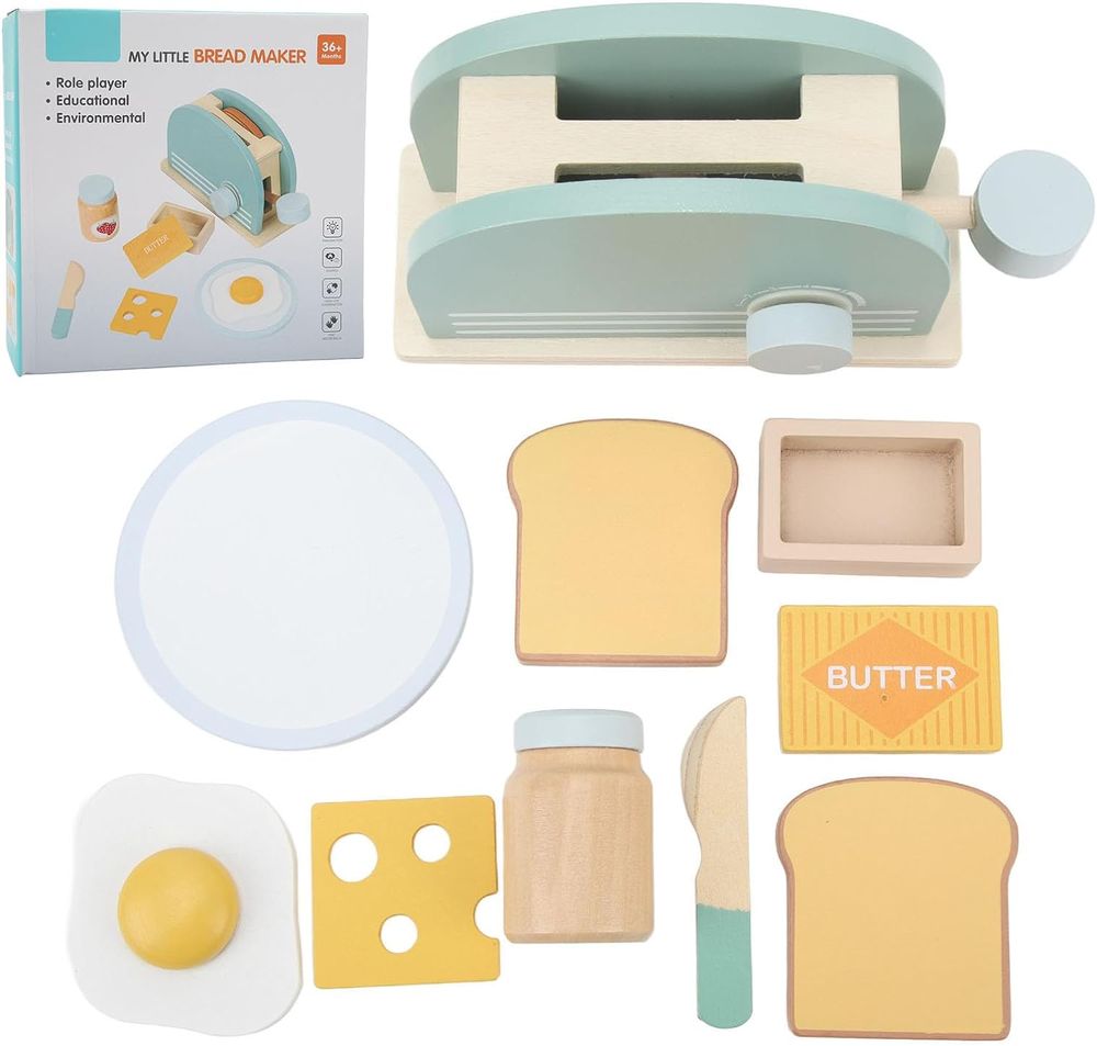Little Angel Kids Wooden Bread Toaster Pretend Playset - 10pcs
