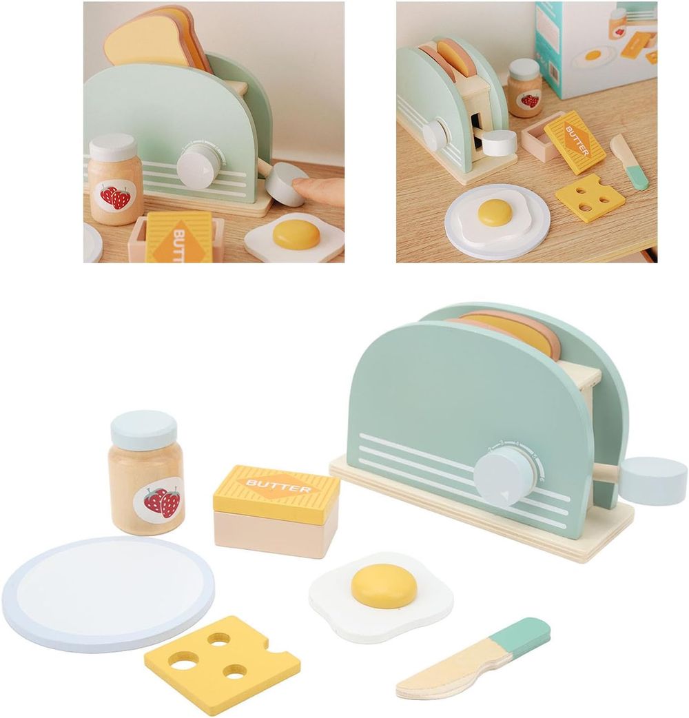 Little Angel Kids Wooden Bread Toaster Pretend Playset - 10pcs