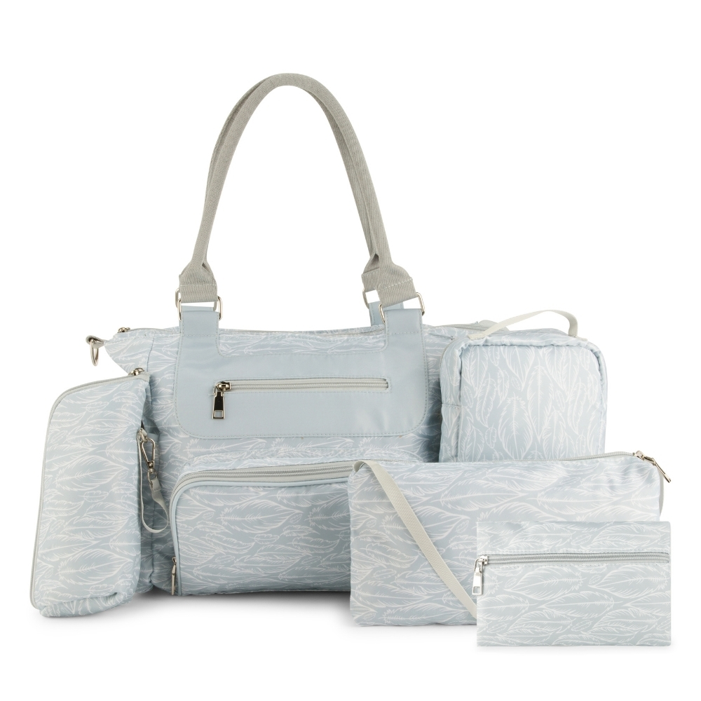White & Grey- Diaper Bag 6 Pc-Set With Hooks – Feather
