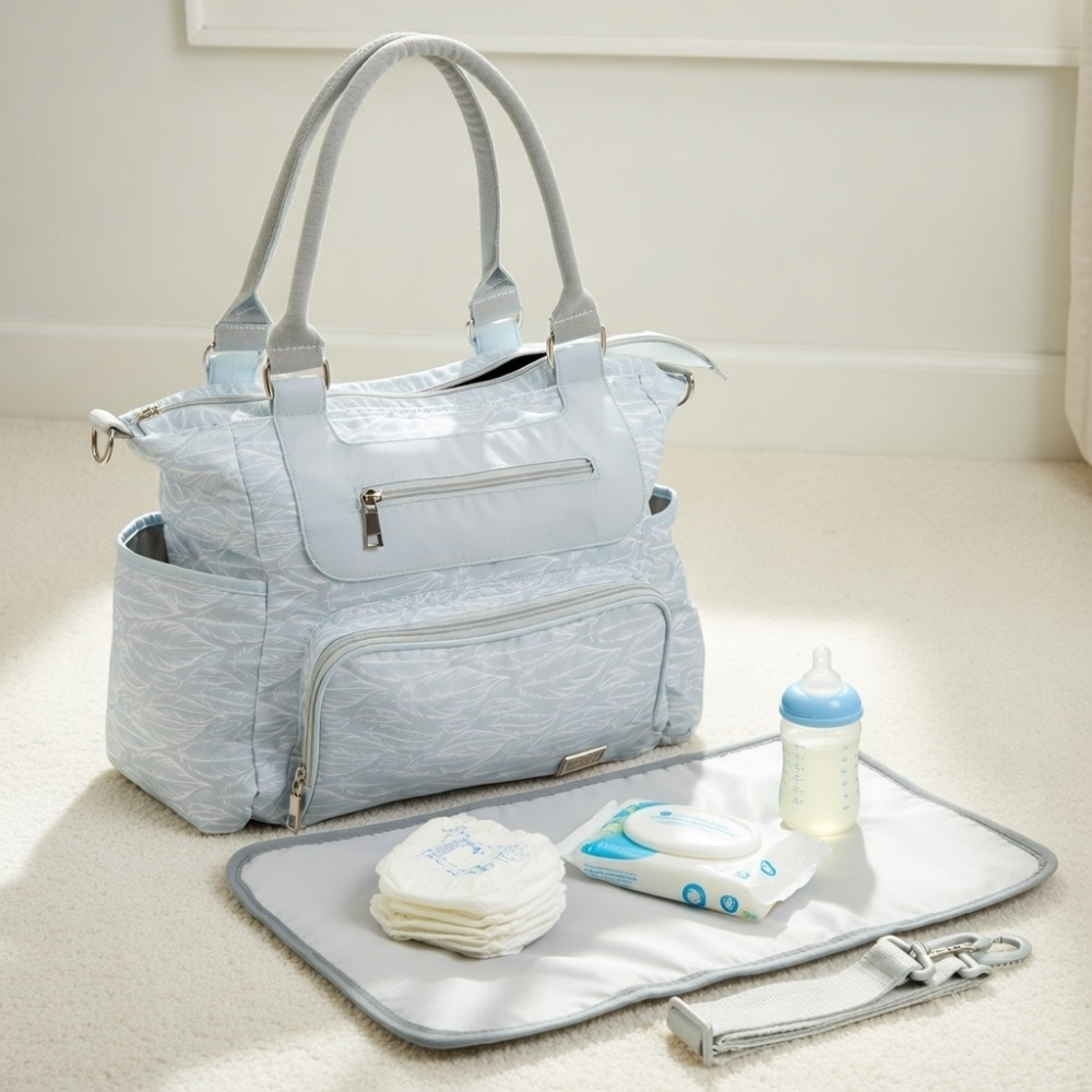White & Grey- Diaper Bag 6 Pc-Set With Hooks – Feather