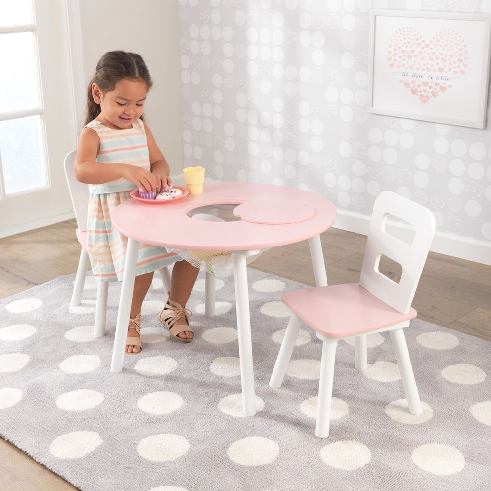 KidKraft - Round Storage Table & 2 Chair Set - White & Pink