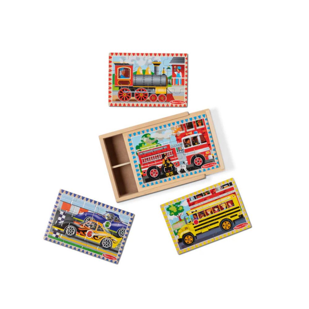 Melissa & Doug Wooden Jigsaw Puzzles In A Box - Vehicles - Pack of 4 - 48 Pcs