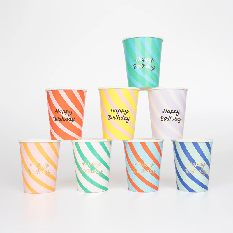 Meri Meri - Stripe Happy Birthday Cups - 8 Pcs - 256 ml