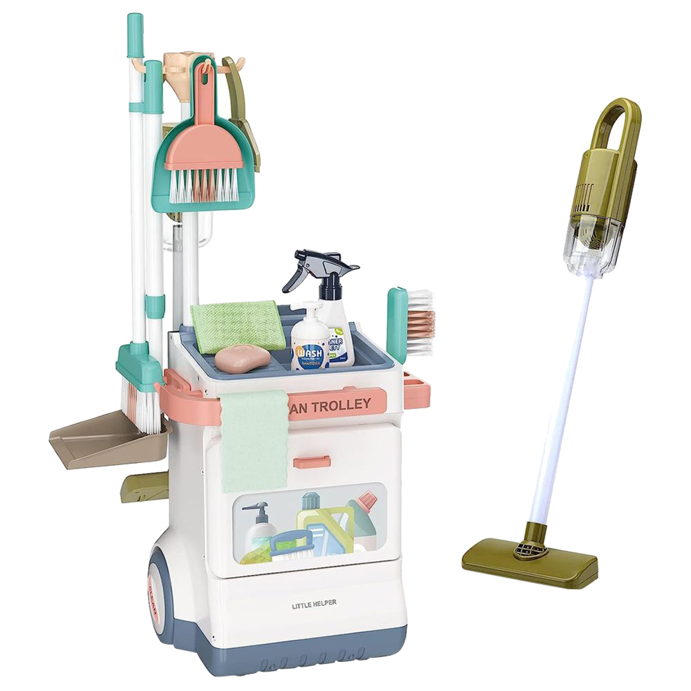 Little Angel Kids Toys Cleaning Trolley Set With Vacuum Cleaner
