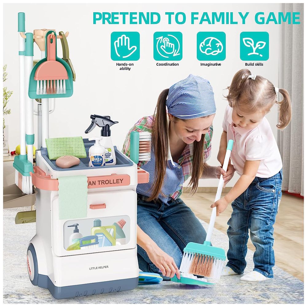 Little Angel Kids Toys Cleaning Trolley Set With Vacuum Cleaner