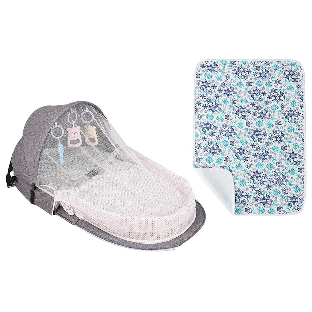 Star Babies Baby Bed With Mosquito Net And Reusable Changing Mat - Grey