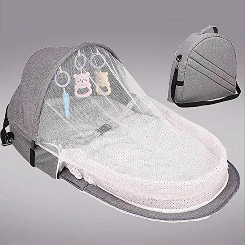 Star Babies Baby Bed With Mosquito Net And Reusable Changing Mat - Grey