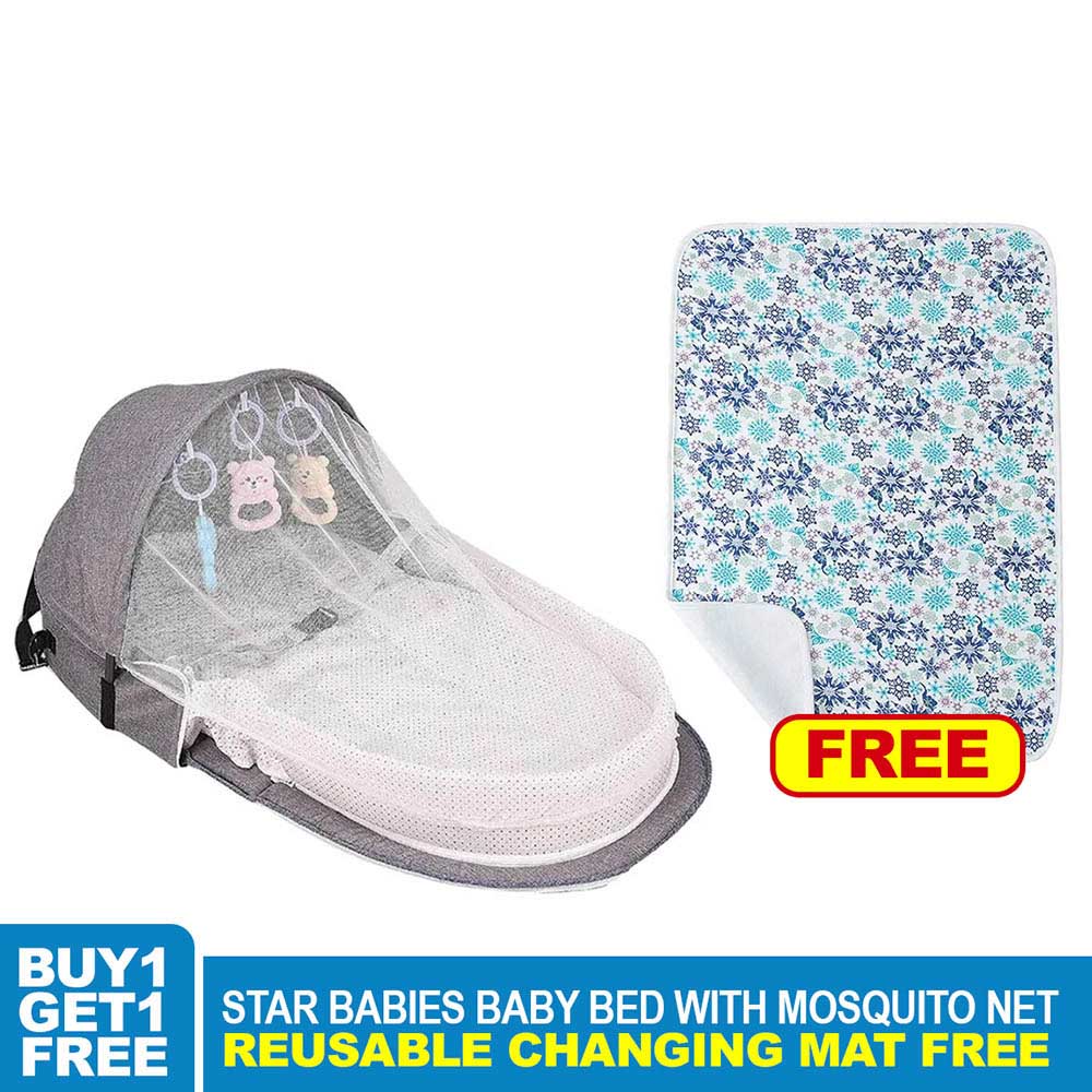 Star Babies Baby Bed With Mosquito Net And Reusable Changing Mat - Grey