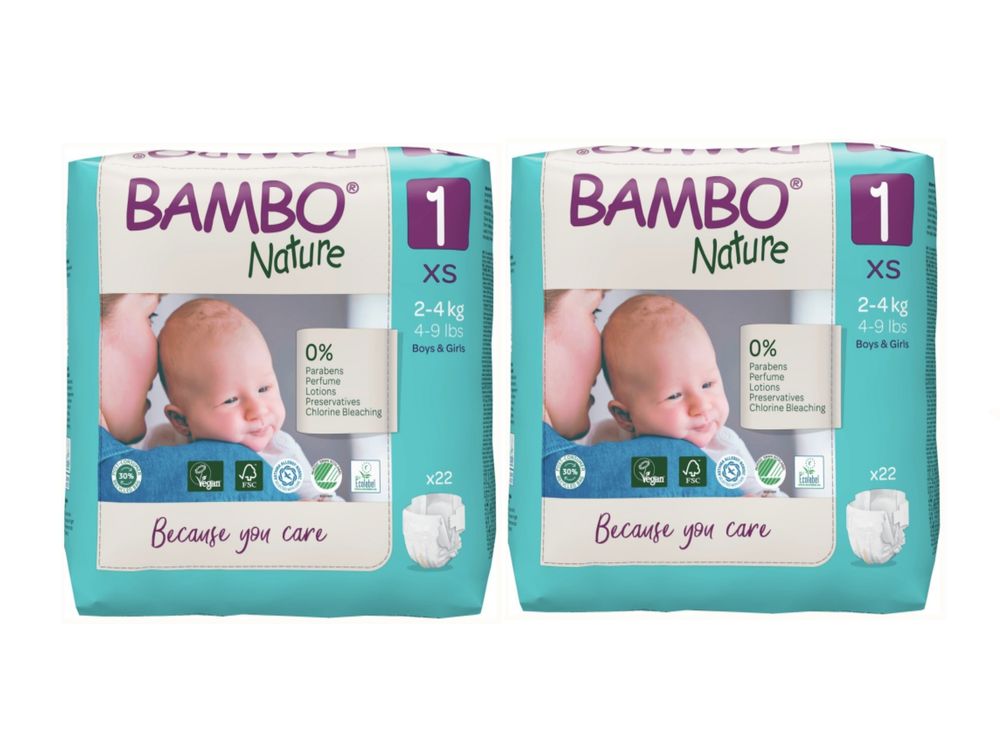 Bambo Nature - Eco-Labeled Disposable Diapers - Size 1 XS - 2-4 kg - Pack of 2 - 44 Pcs