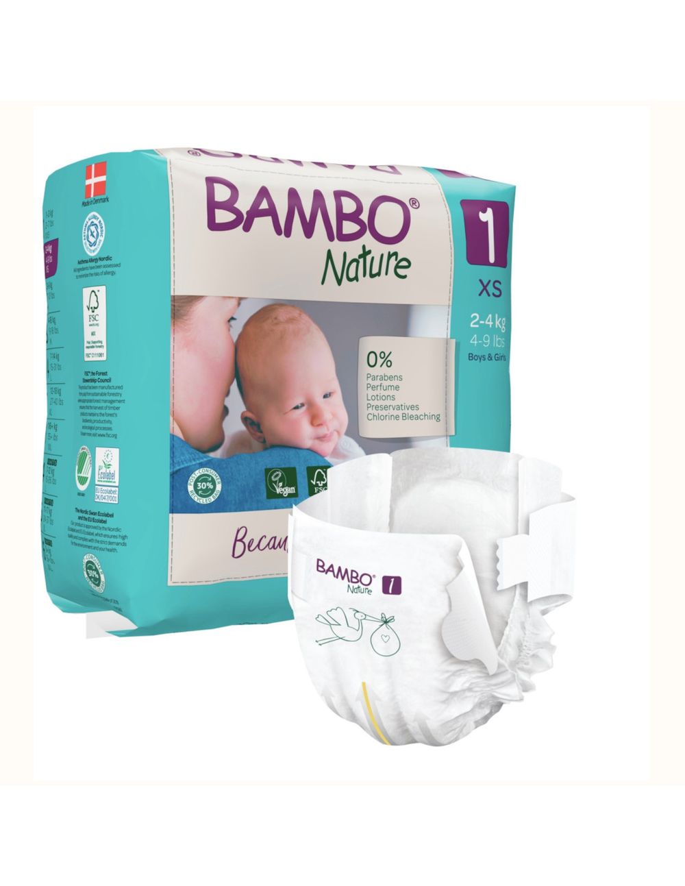 Bambo Nature - Eco-Labeled Disposable Diapers - Size 1 XS - 2-4 kg - Pack of 2 - 44 Pcs