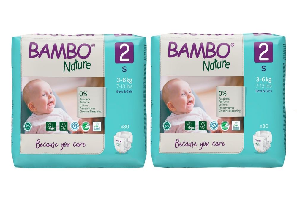 Bambo Nature - Eco-Labeled Disposable Diapers - Size 2 S - 3-6 kg - Pack of 2 - 60 Pcs