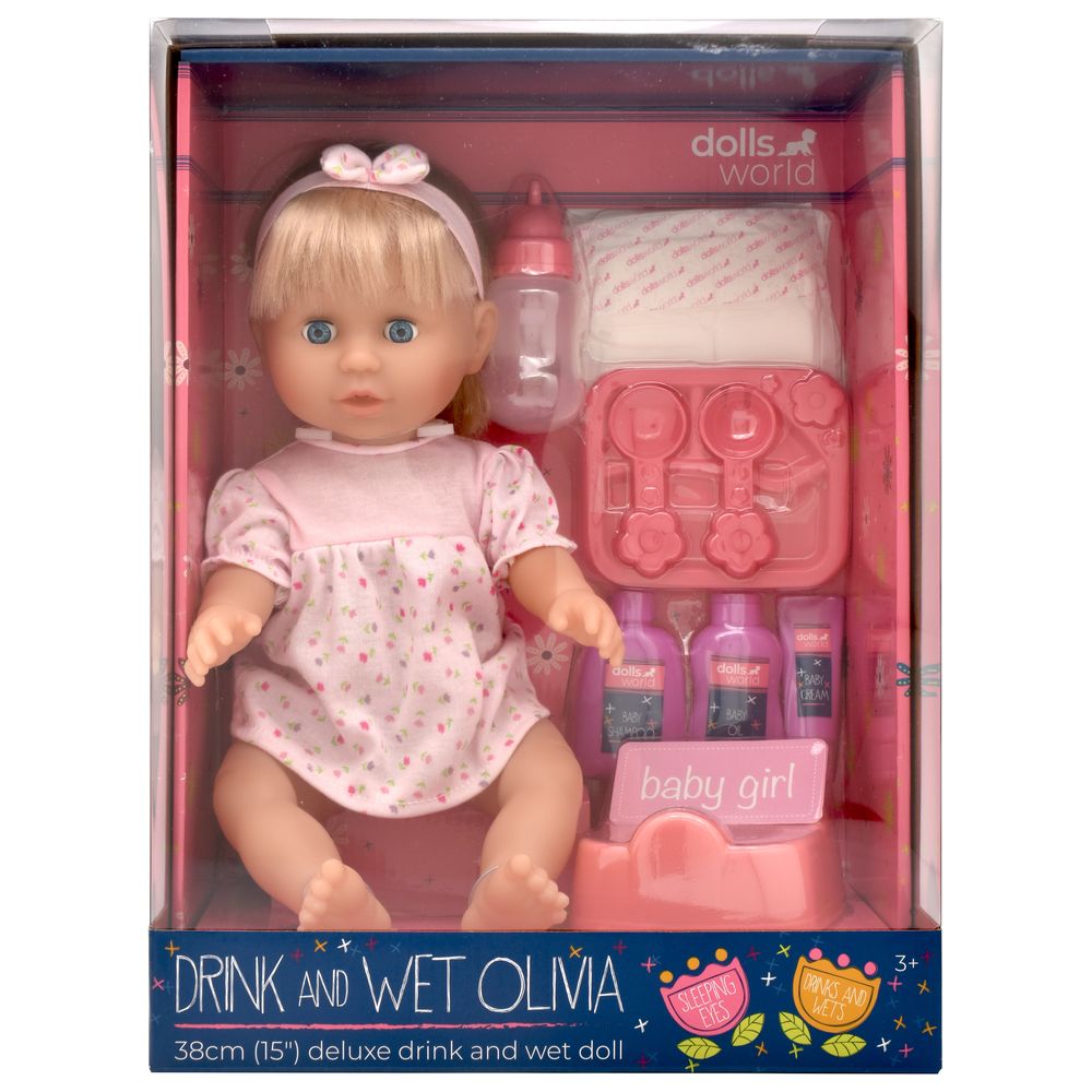 Dollsworld - Deluxe Drink & Wet Olivia Baby Doll Playset - 8 Pcs