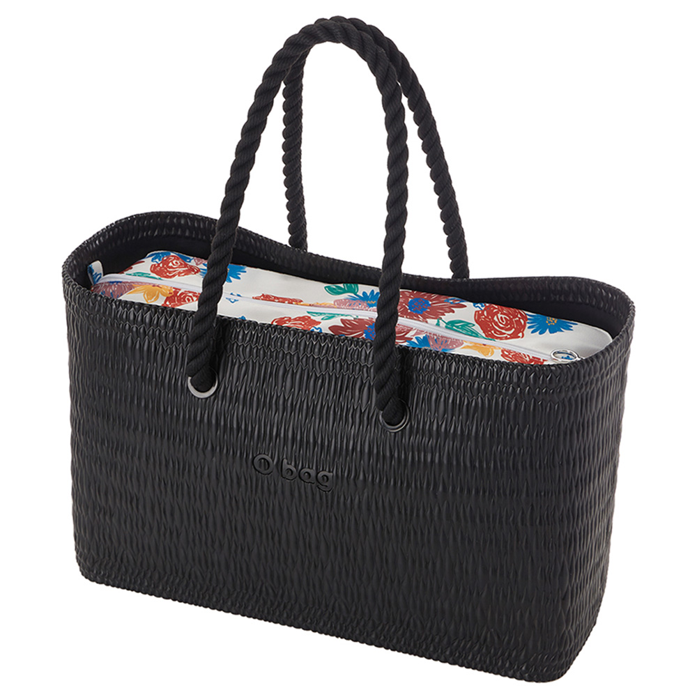 O Bag - Beach XL Bag With Fabric Canvas Flowers Inner & Long Rope Handles Black - Black