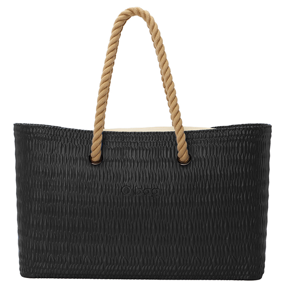O Bag - Beach XL Bag With Fabric Canvas Inner Black & Long Rope Handles Natural - Black