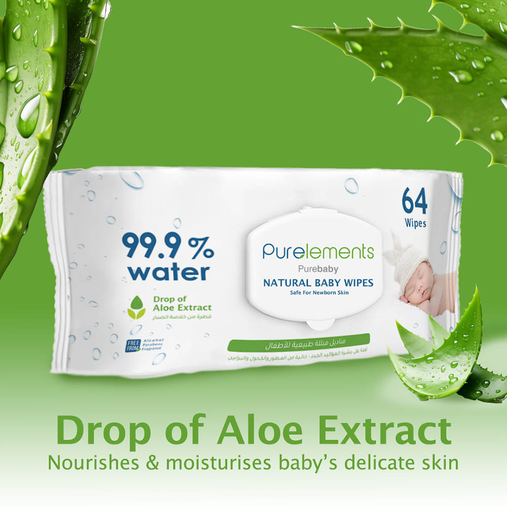 Purelements - Aloe Vera 99.9% Waterwipes For Sensitive Skin - Pack Of 64