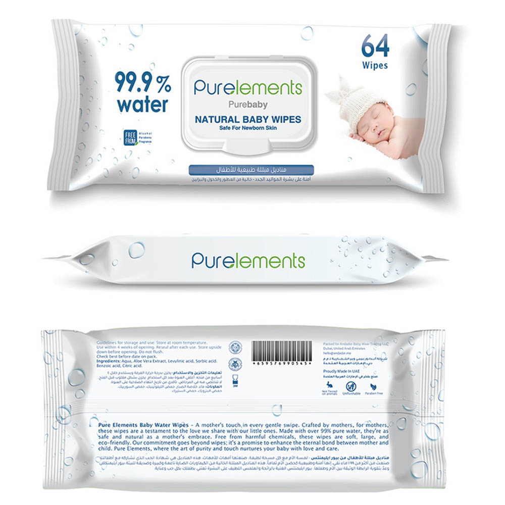 Purelements - Natural 99.9% Waterwipes For Sensitive Skin - Pack Of 64