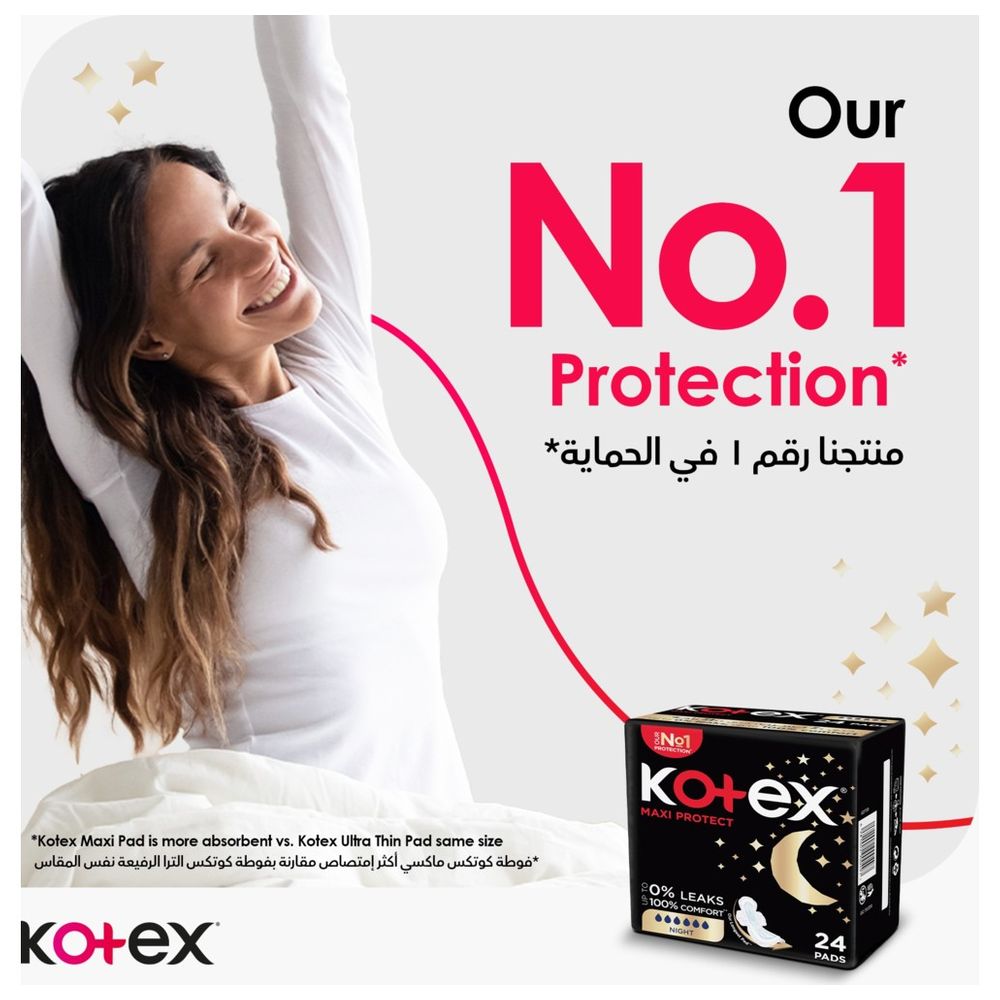 Kotex - Maxi Protect Thick Pads, Overnight Protection Sanitary Pads with Wings, 24 Sanitary Pads