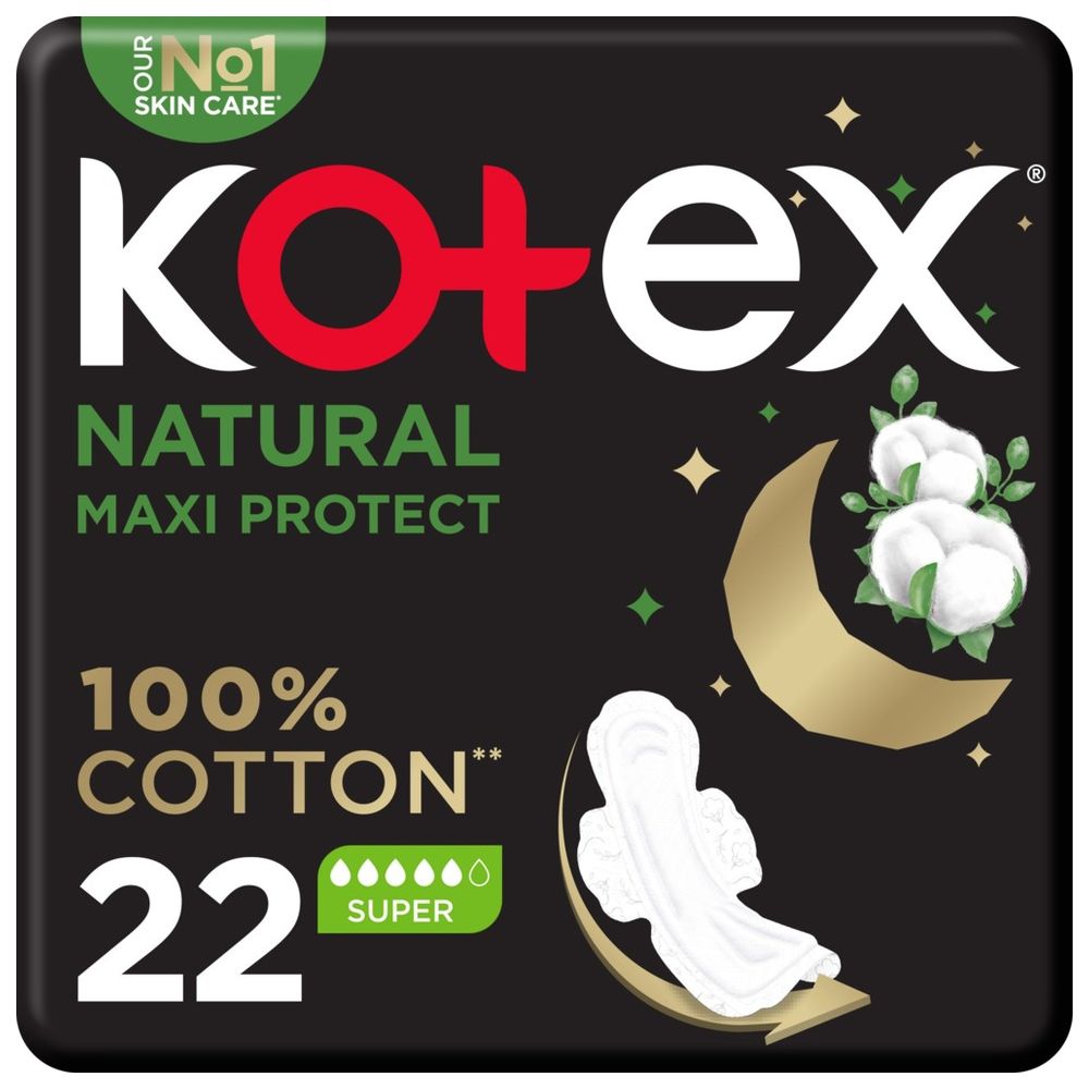 Kotex - Natural Maxi Protect Thick Pads, 100% Cotton Pad, Overnight Protection Sanitary Pads with Wings, 22 Sanitary Pads