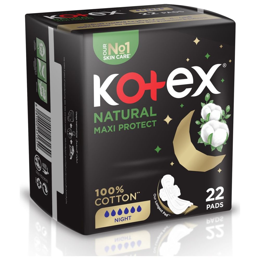 Kotex - Natural Maxi Protect Thick Pads, 100% Cotton Pad, Overnight Protection Sanitary Pads with Wings, 22 Sanitary Pads