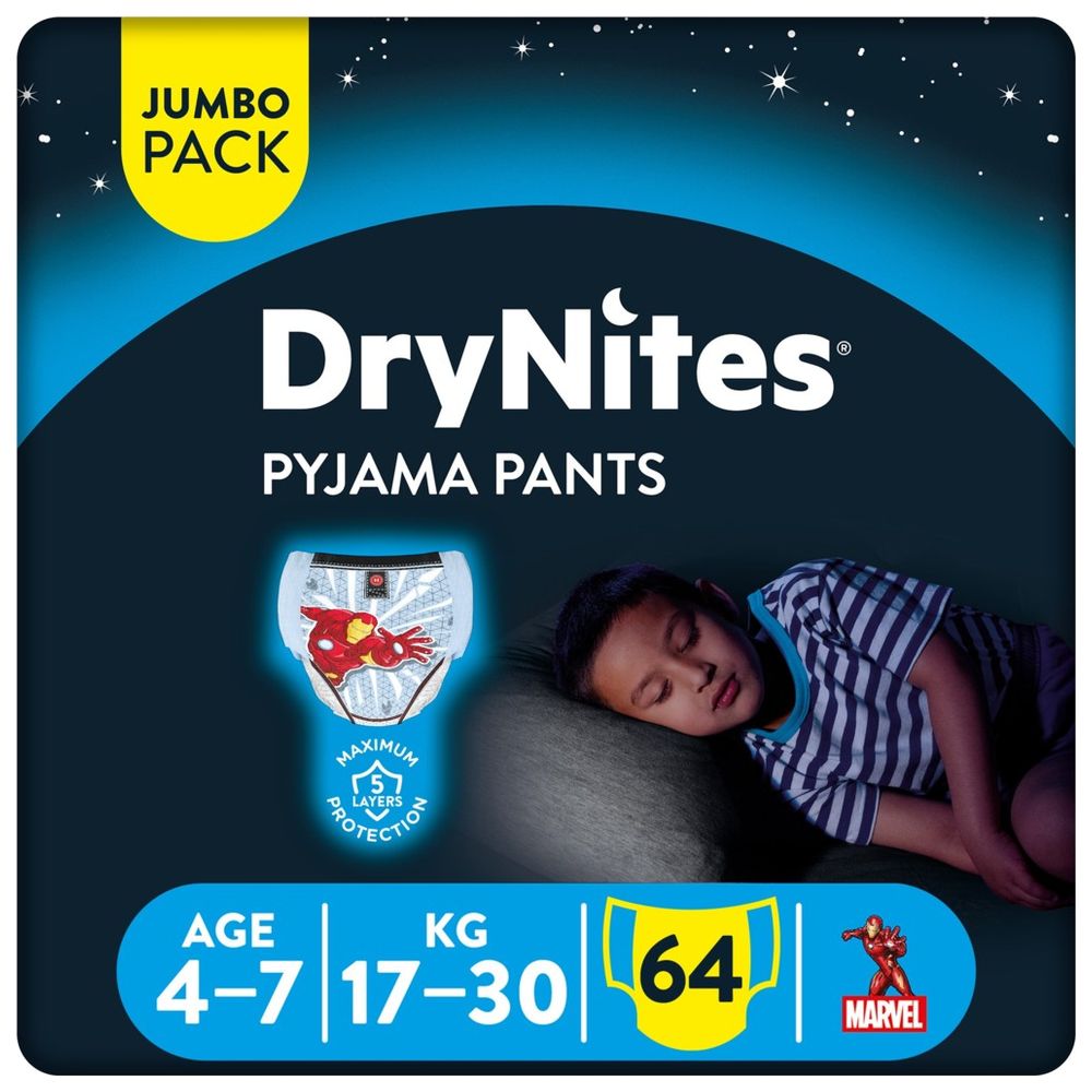 Huggies DryNites Pyjama Pants, 4-7 years, Bed Wetting Diaper, Boys, 17-30 kg, 4 x Jumbo Packs, 64 Pants