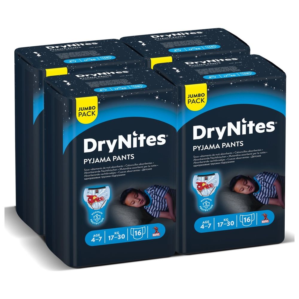 Huggies DryNites Pyjama Pants, 4-7 years, Bed Wetting Diaper, Boys, 17-30 kg, 4 x Jumbo Packs, 64 Pants