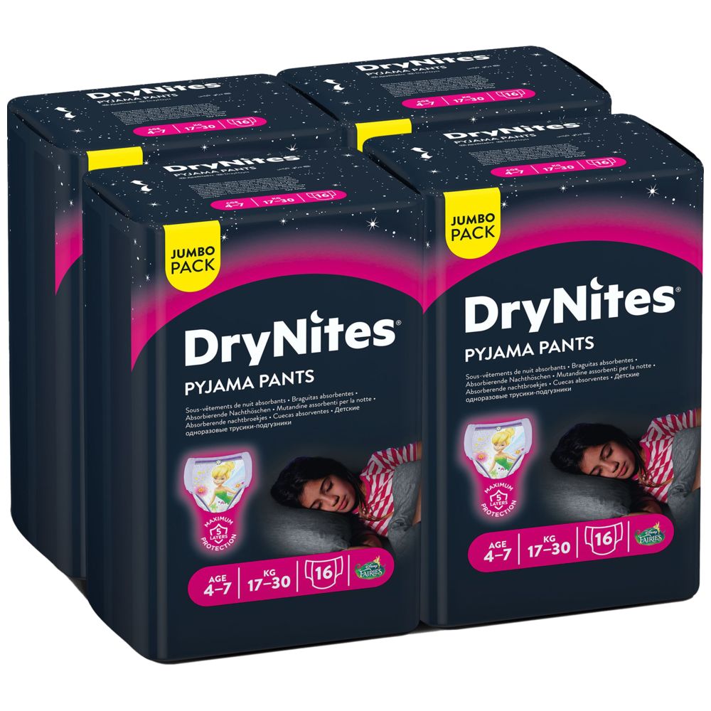 Huggies - DryNites Pyjama Pants, 4-7 years, Bed Wetting Diaper, Girls, 17-30 kg, 4 x Jumbo Packs, 64 Pants