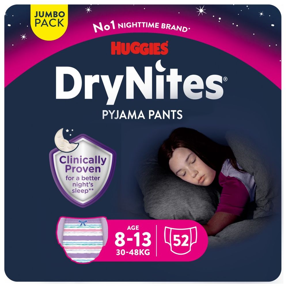 Huggies DryNites Pyjama Pants, 8-13 years, Bed Wetting Diaper, Girls, 30-48 kg, 4 x Jumbo Packs, 52 Pants