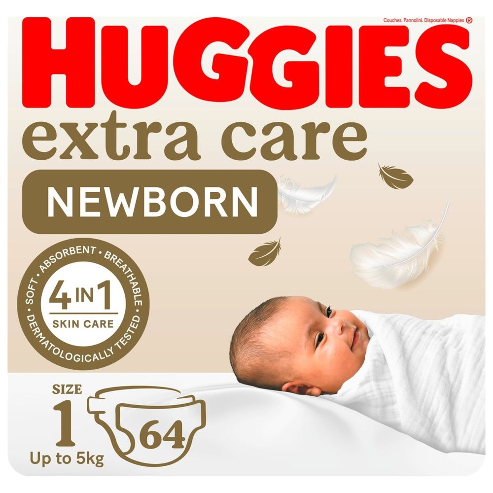 Huggies - Extra Care Newborn, Size 1, Up to 5 kg, Jumbo Pack, 64 Diapers