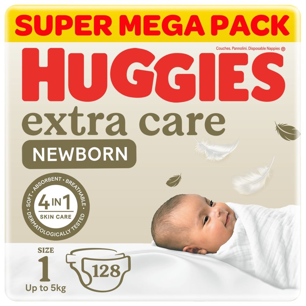 Huggies Extra Care Newborn, Size 1, Up to 5 kg, Twin Jumbo Pack, 128 Diapers - Packaging May Vary