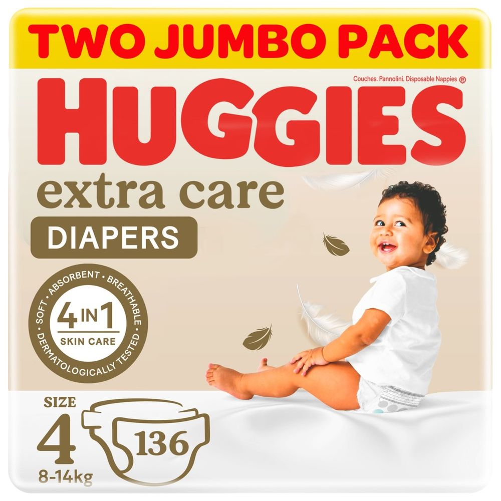 Huggies Extra Care, Size 4, 8 -14 kg, Twin Jumbo Pack, 136 Diapers
