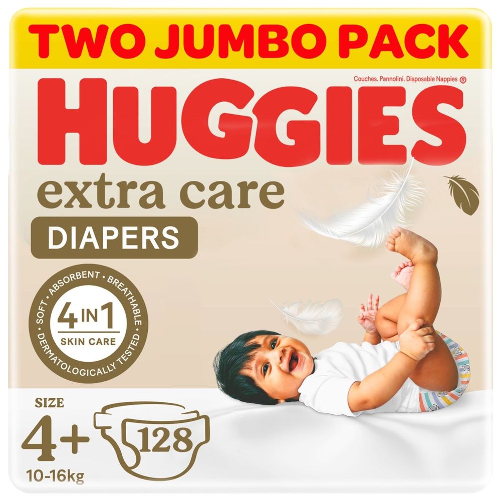 Huggies - Extra Care, Size 4+, 10 -16 kg, Twin Jumbo Pack, 128 Diapers - Packaging May Vary