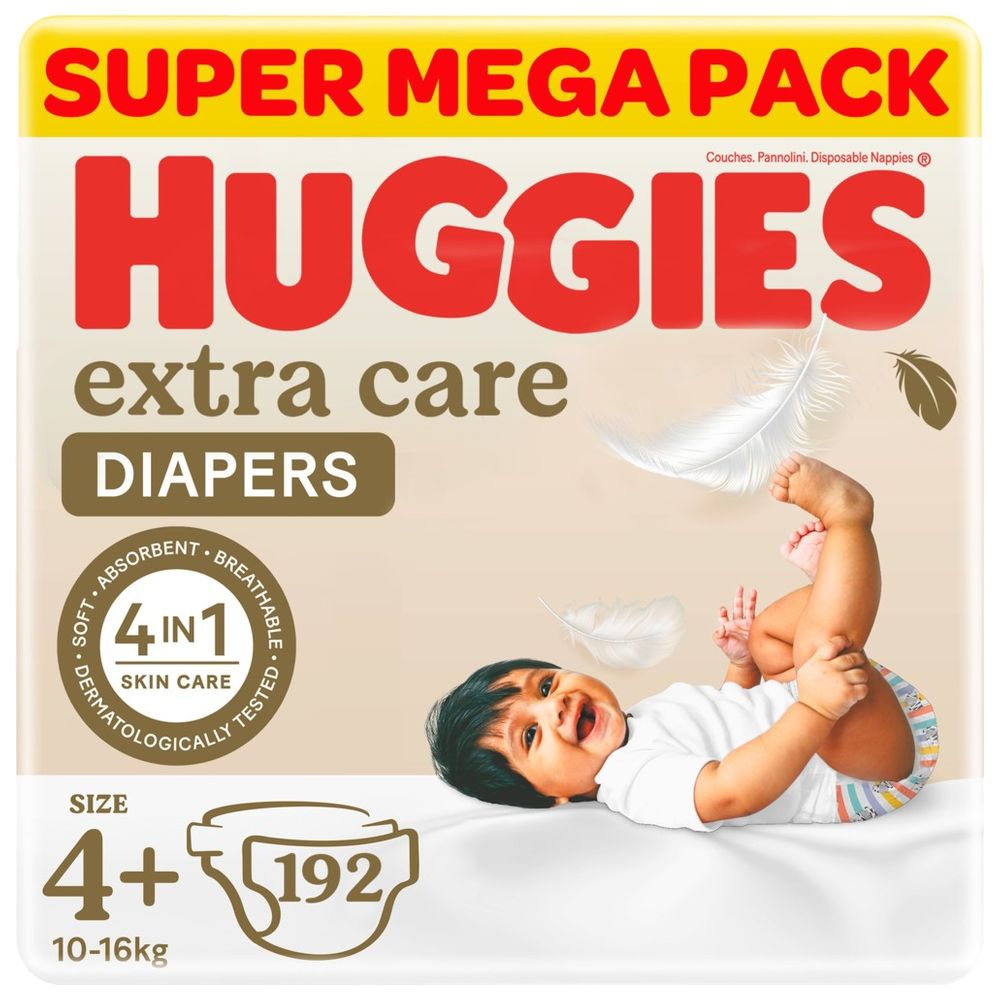Huggies Extra Care, Size 4+, 10 -16 kg, Super Mega Pack of 3 - 192 Diapers
