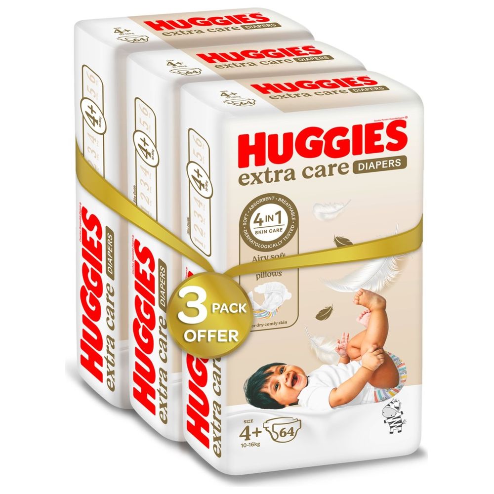 Huggies Extra Care, Size 4+, 10 -16 kg, Super Mega Pack of 3 - 192 Diapers