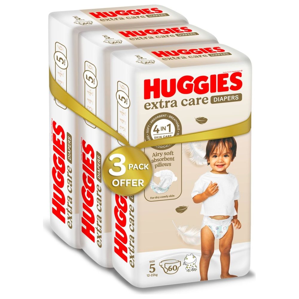 Huggies Extra Care Baby Diapers, Size 5, 12 -22 kg, Super Mega Pack, 180 Diapers - Pack of 3 - Packaging May Vary