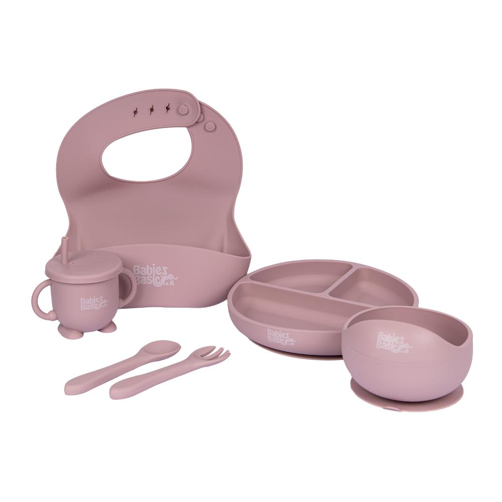 Babies Basic - Silicone Plate, Bowl, Cup,Spoon & Fork Set - 6pcs - Blush