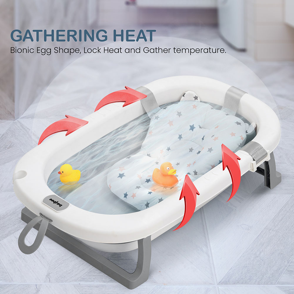 Baybee - Foldable Baby Bath Tub For Kids With Cushion Seat - Grey