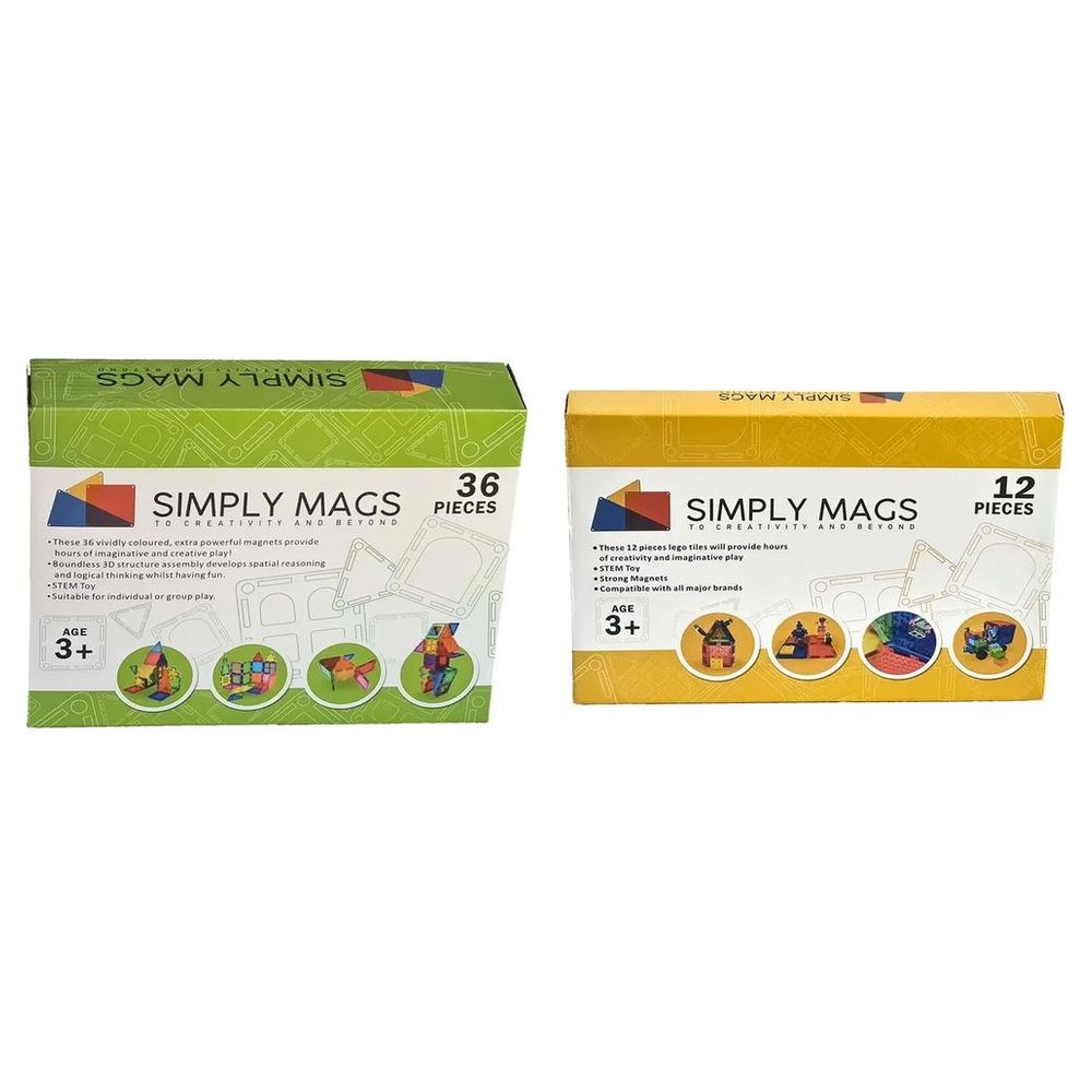 Simply Mags - Vivid Magnetic Tiles - 36pcs With Magnetic Blocks - 12pcs